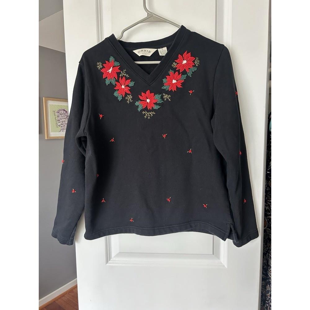 Orvis Women's Black Christmas Holiday Embroidered Red Flower Sweatshirt Size S